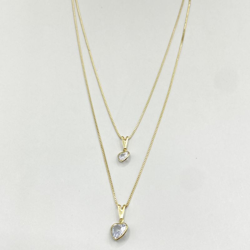 Colar banho diamante duplo corações zirconia