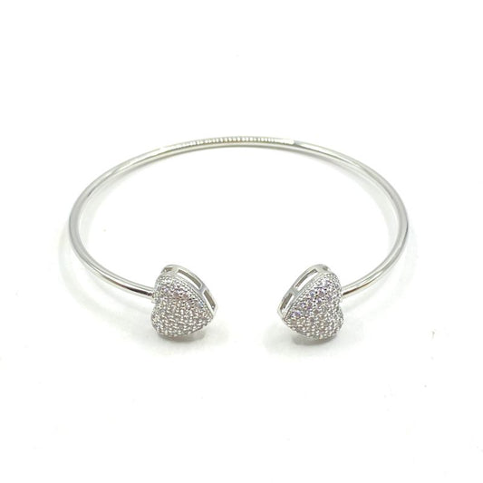 Bracelete banho diamante aro aberto com 2 corações zirconia