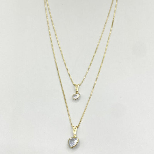 Colar banho diamante duplo corações zirconia